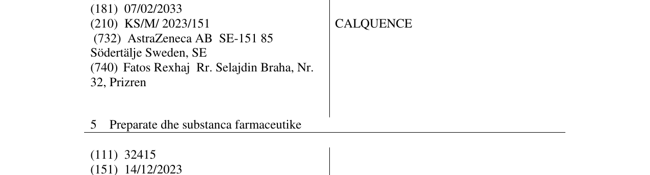 Zëri i markës CALQUENCE në buletin