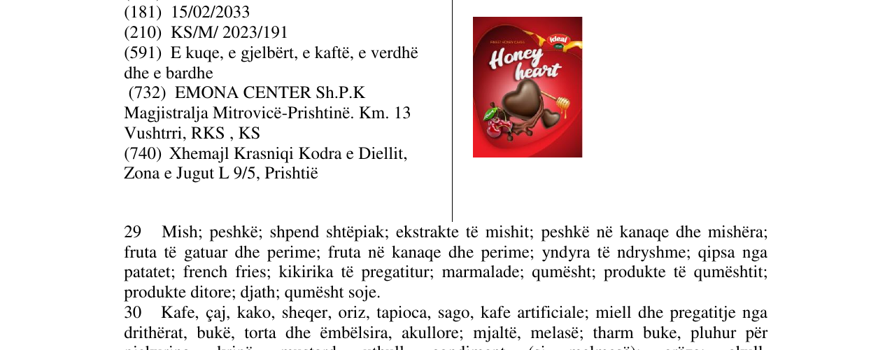 Zëri i markës HONEY HEART në buletin