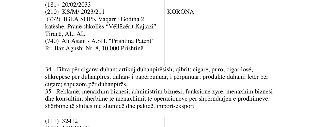 Zëri i markës KORONA në buletin