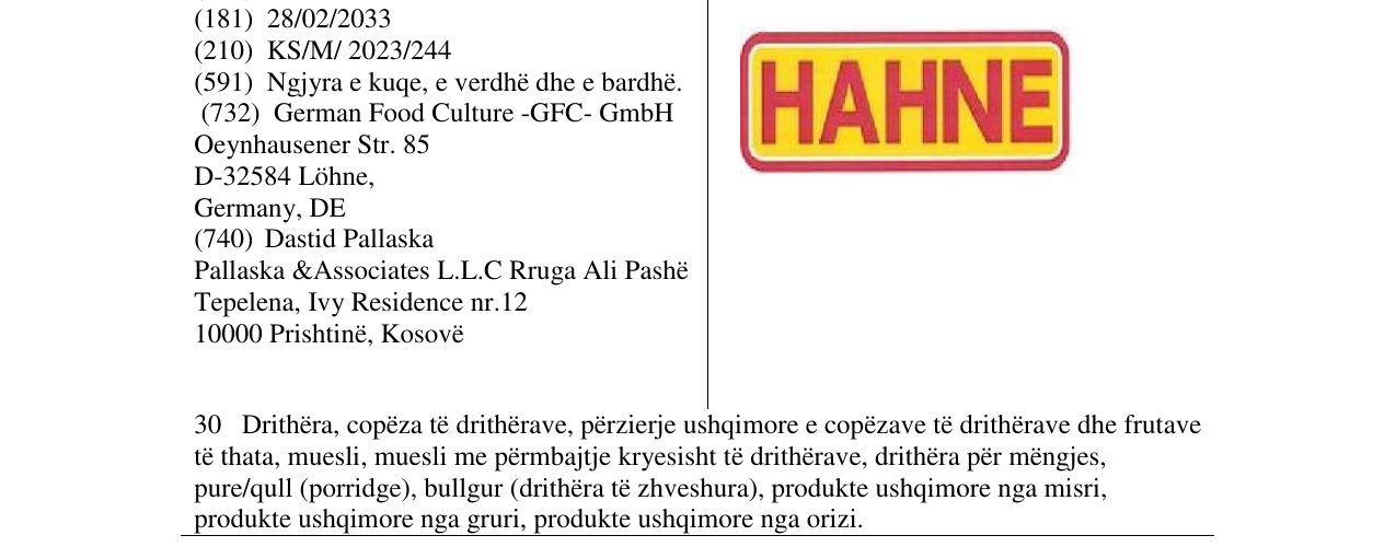 Zëri i markës HAHNE në buletin