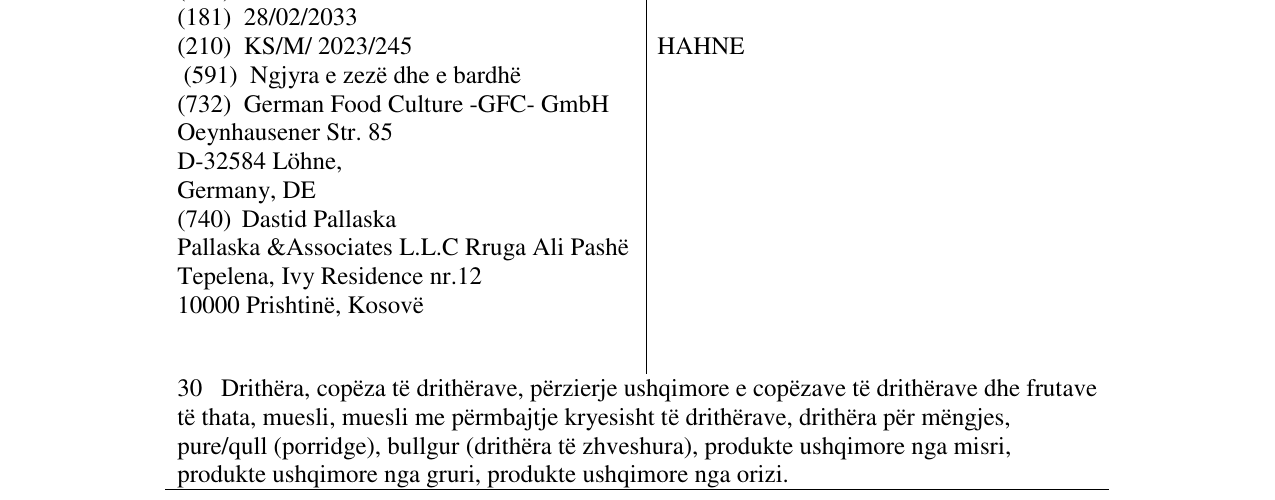 Zëri i markës HAHNE në buletin