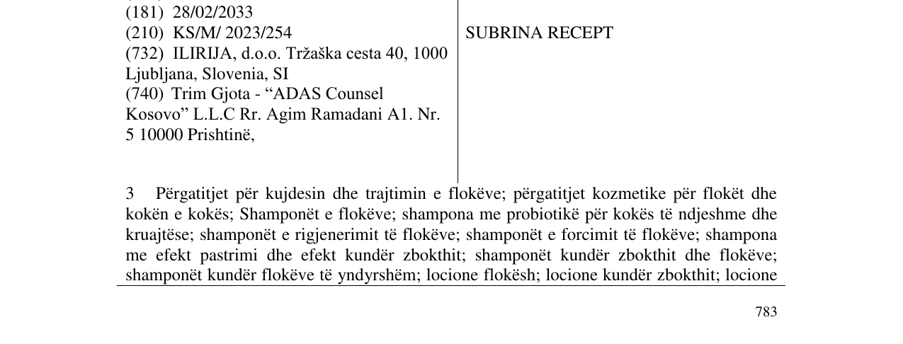 Zëri i markës SUBRINA RECEPT në buletin