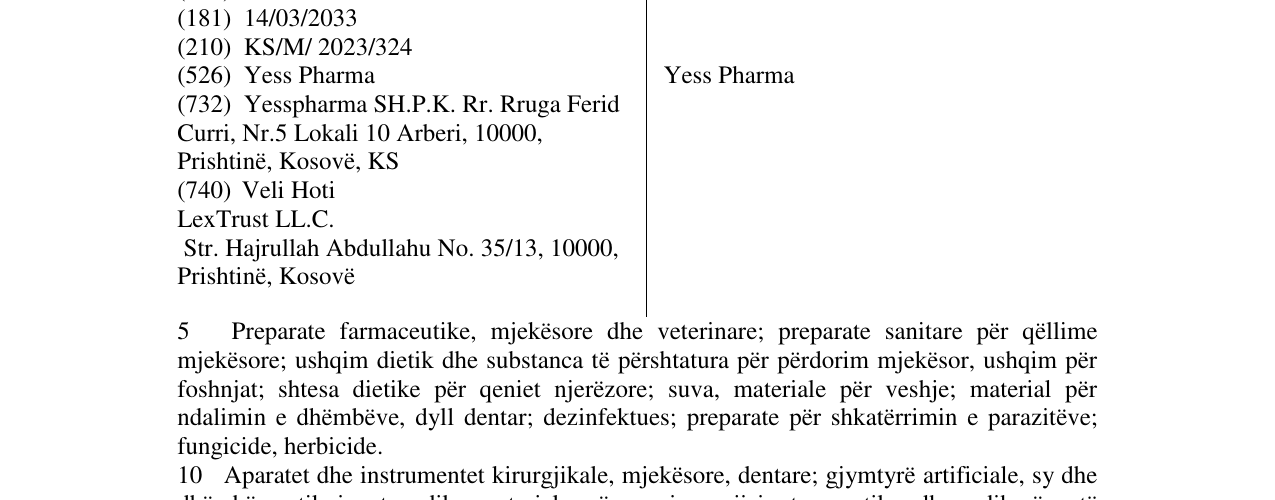 Zëri i markës Yess Pharma në buletin