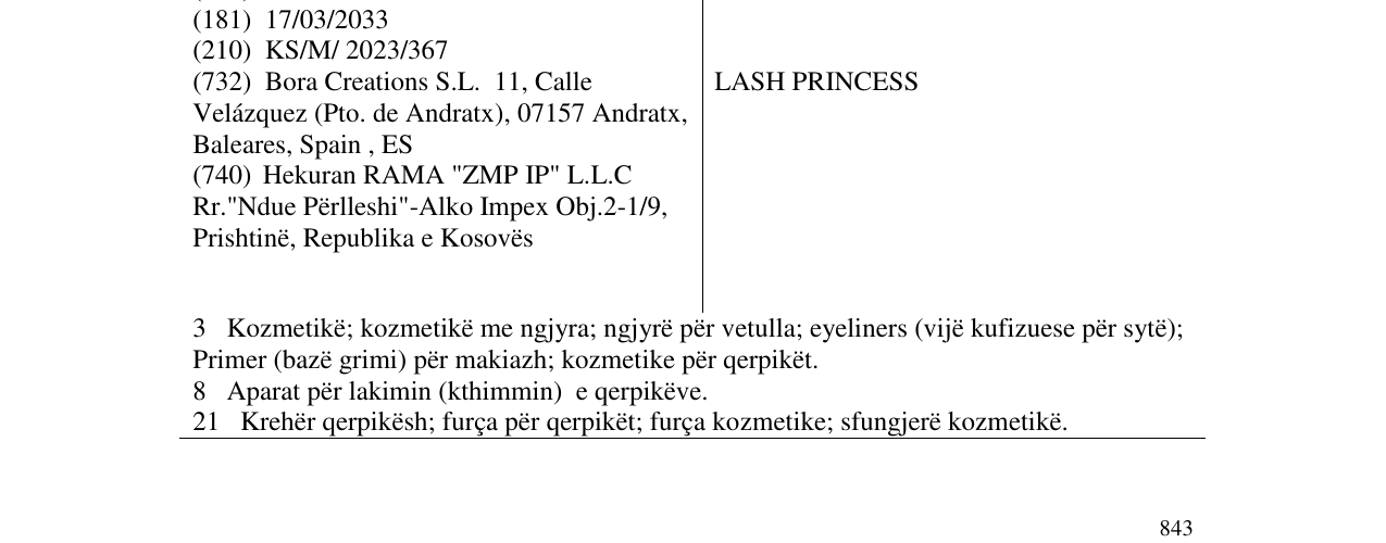 Zëri i markës LASH PRINCESS në buletin