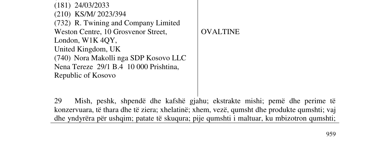 Zëri i markës OVALTINE në buletin