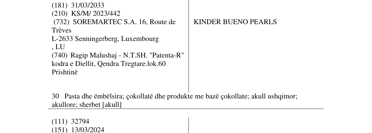 Zëri i markës KINDER BUENO PEARLS në buletin