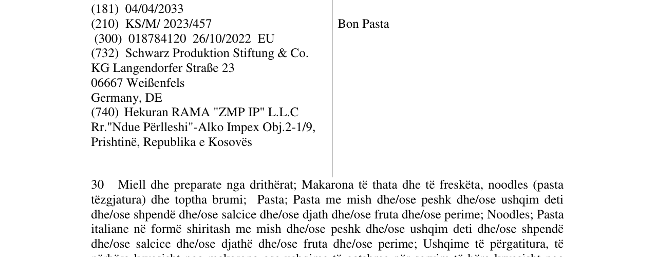 Zëri i markës Bon Pasta në buletin