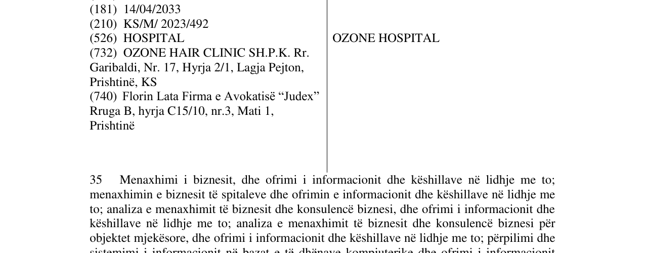 Zëri i markës OZONE HOSPITAL në buletin