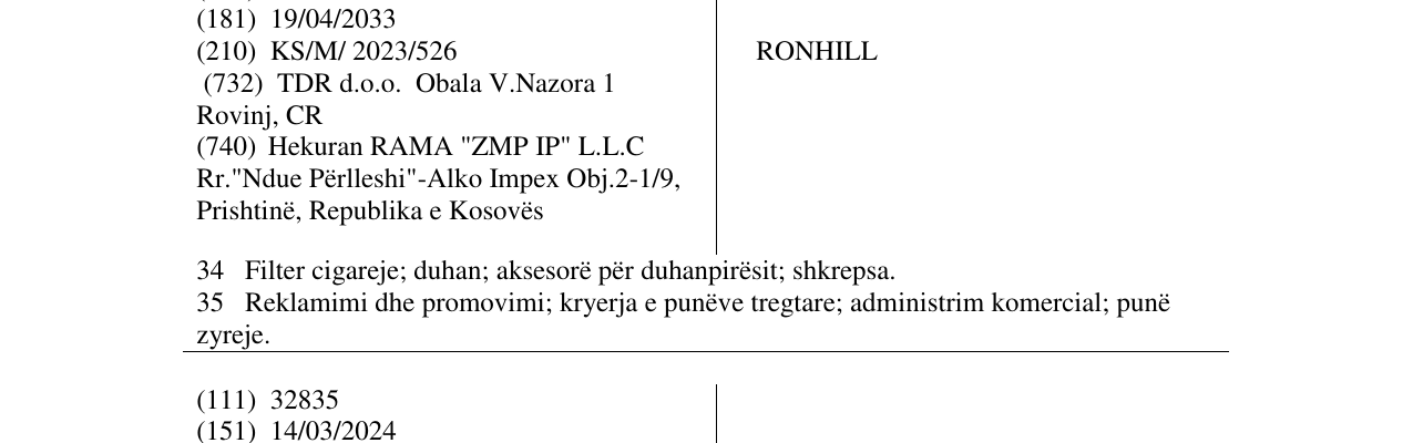 Zëri i markës RONHILL në buletin