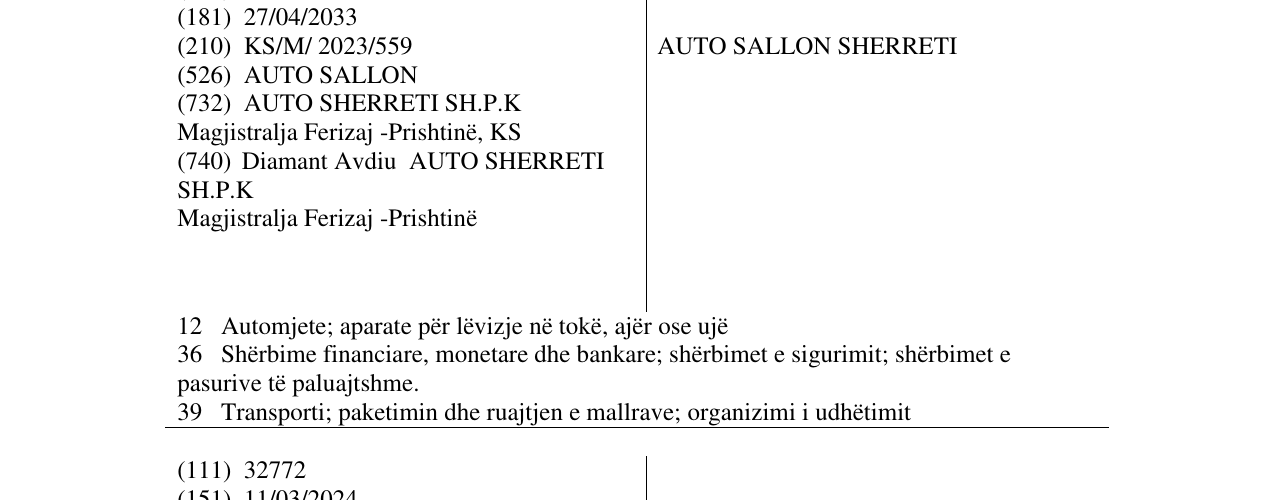 Zëri i markës AUTO SALLON SHERRETI në buletin