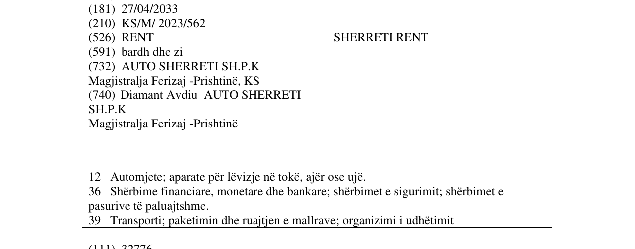 Zëri i markës SHERRETI RENT në buletin