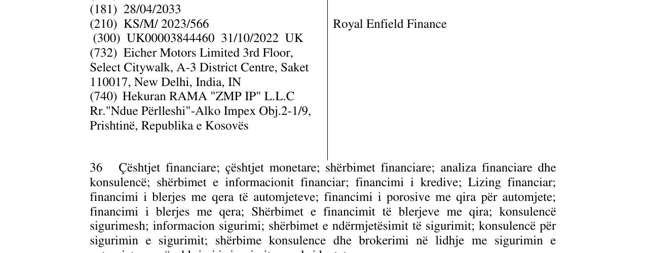 Zëri i markës Royal Enfield Finance në buletin