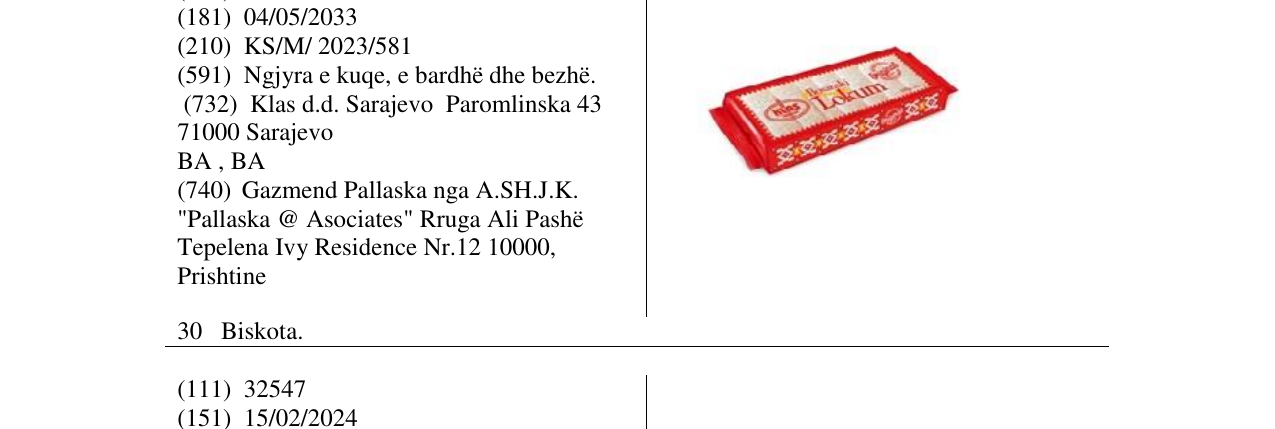 Zëri i markës Bosanski Llokum në buletin