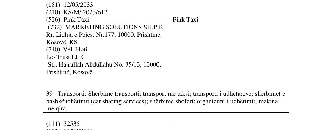 Zëri i markës Pink Taxi në buletin