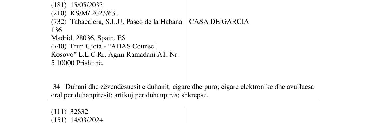 Zëri i markës CASA DE GARCIA në buletin