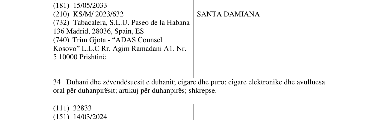 Zëri i markës SANTA DAMIANA në buletin