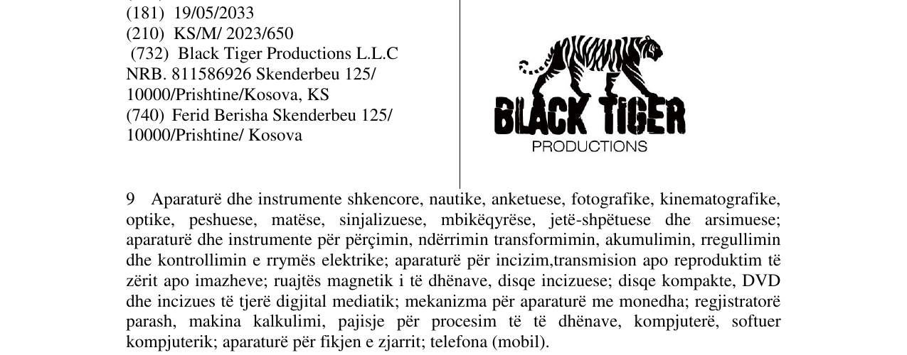 Zëri i markës BLACK TIGER PRODUCTION në buletin
