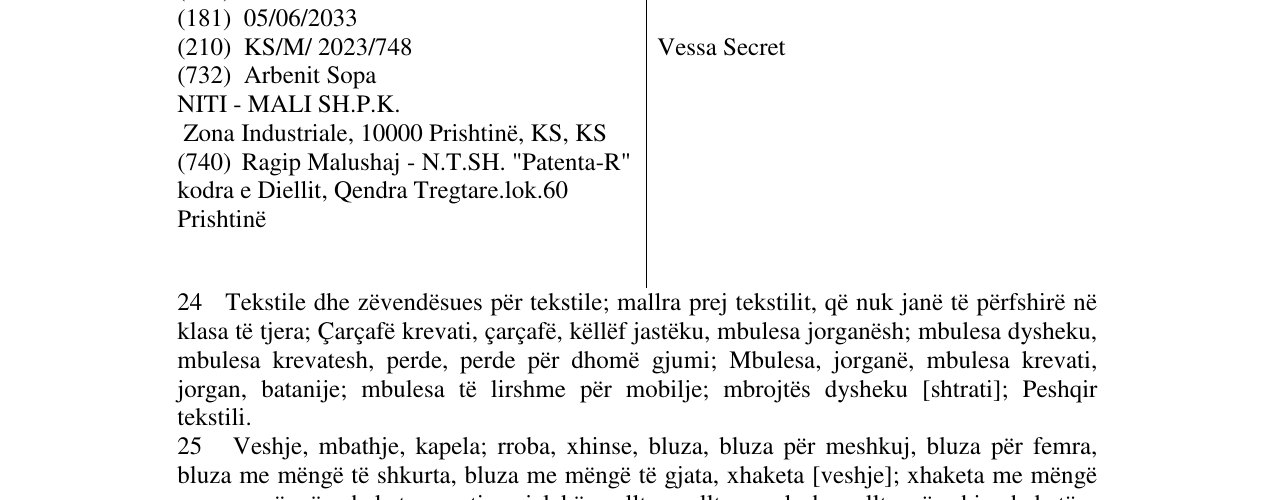 Zëri i markës Vessa Secret në buletin