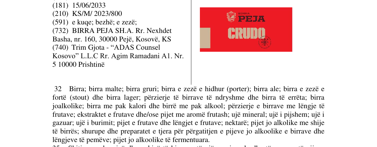 Zëri i markës BIRRA PEJA CRUDO në buletin