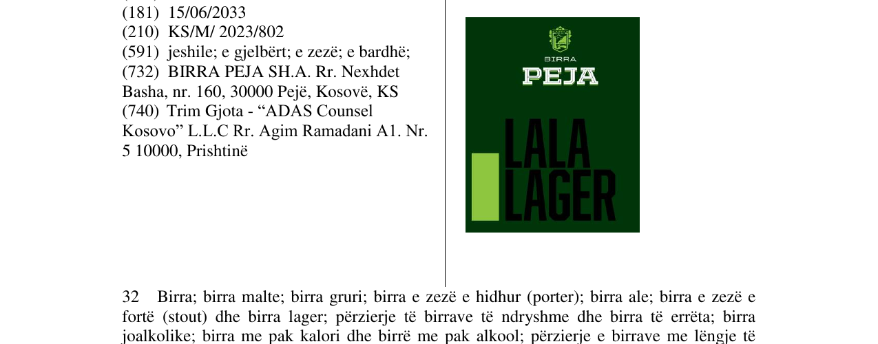 Zëri i markës BIRRA PEJA LALA LAGER në buletin