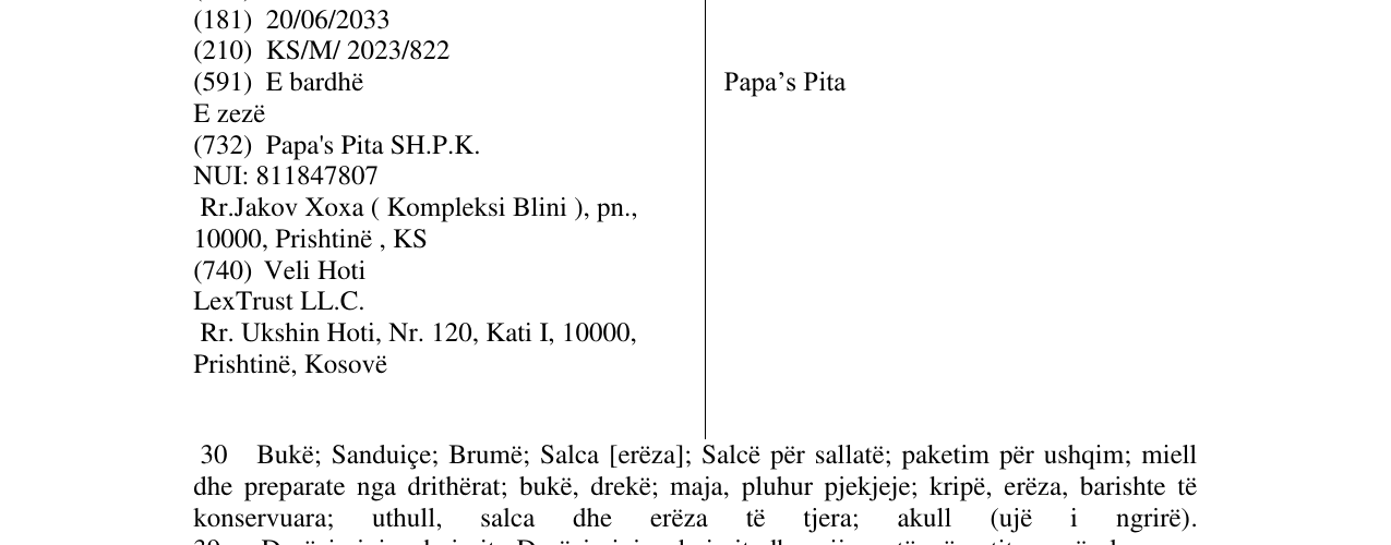 Zëri i markës Papa’s Pita në buletin