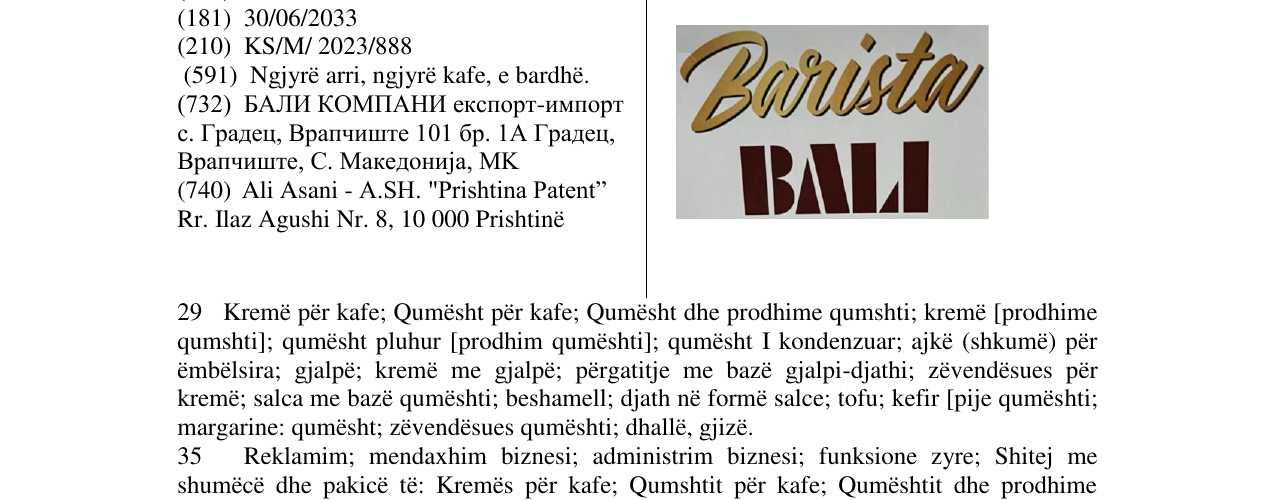 Zëri i markës BARISTA BALI në buletin