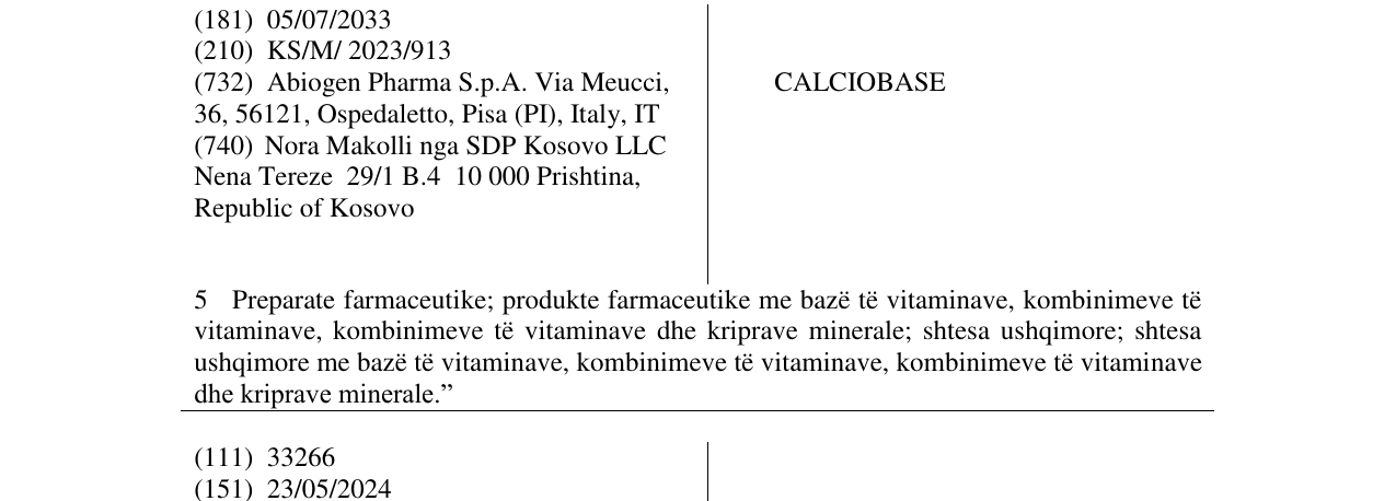 Zëri i markës CALCIOBASE në buletin