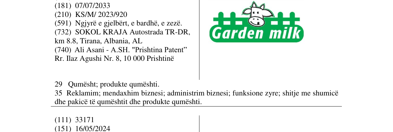 Zëri i markës Garden milk në buletin