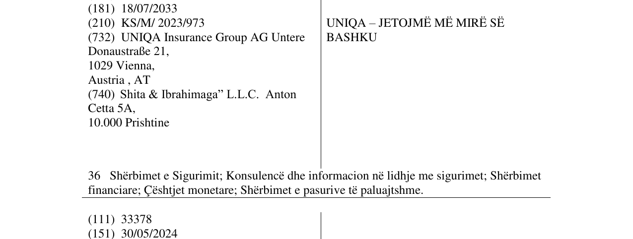 UNIQA – JETOJMË MË MIRË SË BASHKU markasının bültendeki kaydı