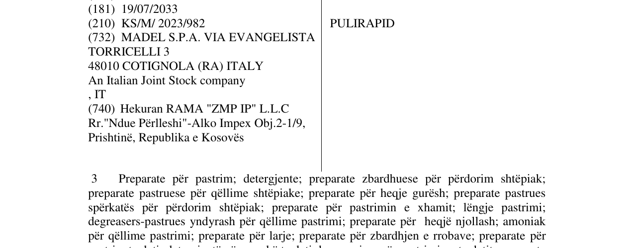 Zëri i markës PULIRAPID në buletin