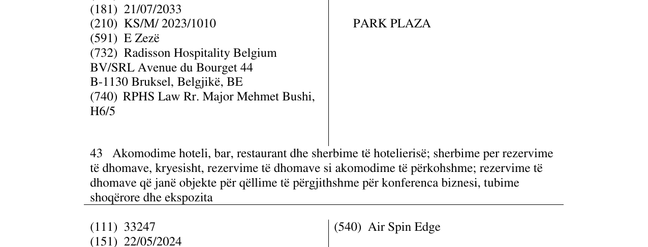 Zëri i markës PARK PLAZA në buletin