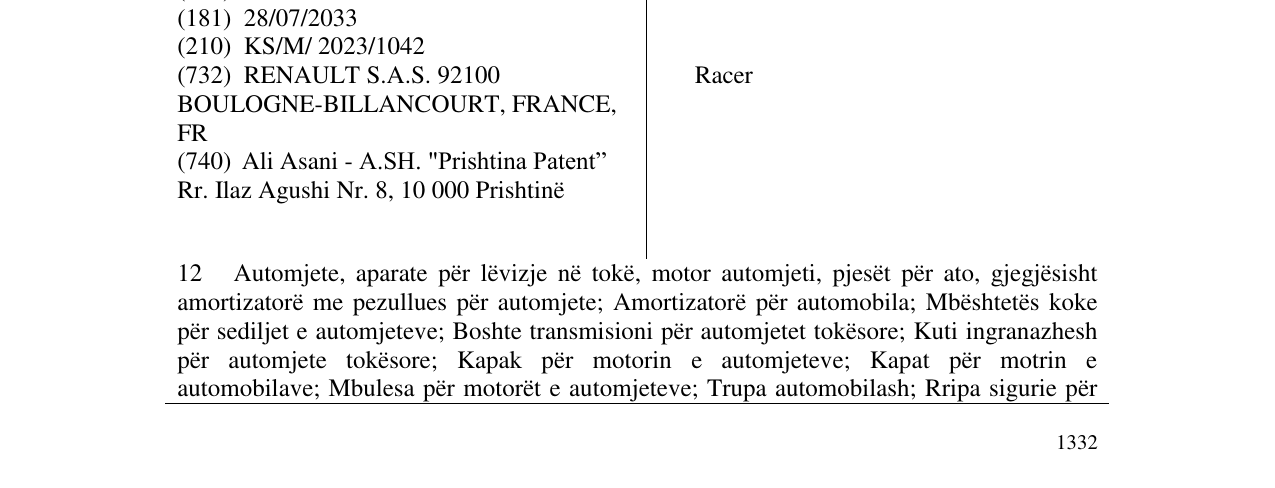 Zëri i markës Racer në buletin