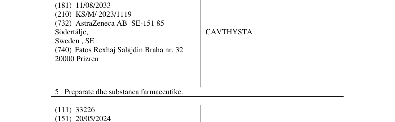Zëri i markës CAVTHYSTA në buletin