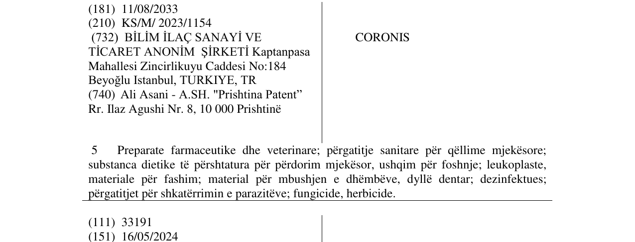 Zëri i markës CORONIS në buletin