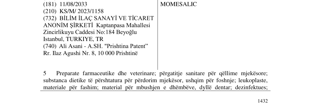 Zëri i markës MOMESALIC në buletin