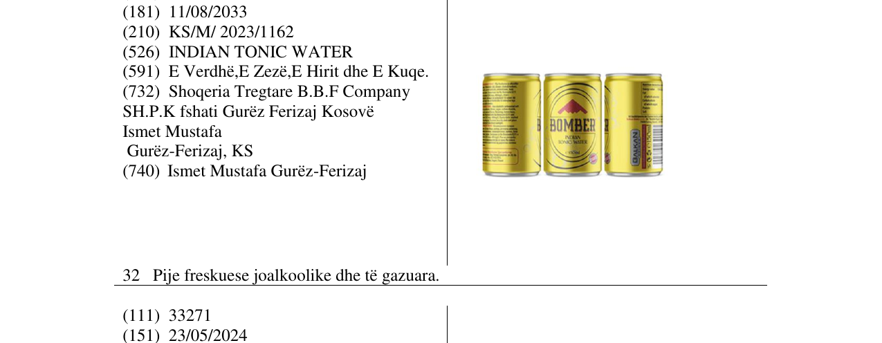 Zëri i markës BOMBER INDIAN TONIC WATER në buletin