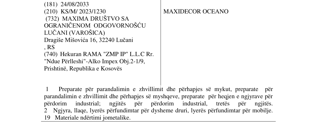 Zëri i markës MAXIDECOR OCEANO në buletin