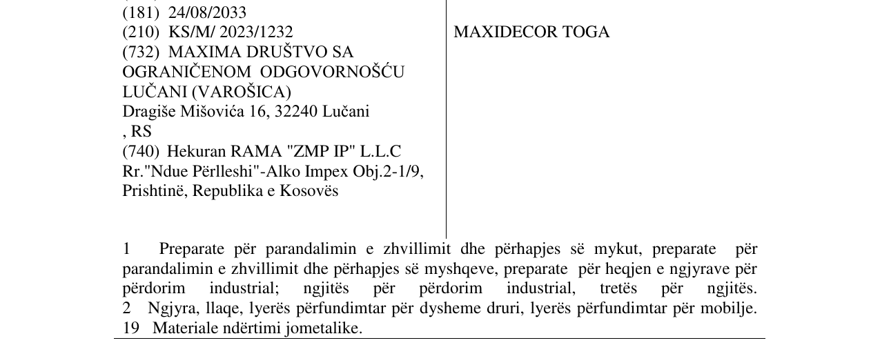 Zëri i markës MAXIDECOR TOGA në buletin