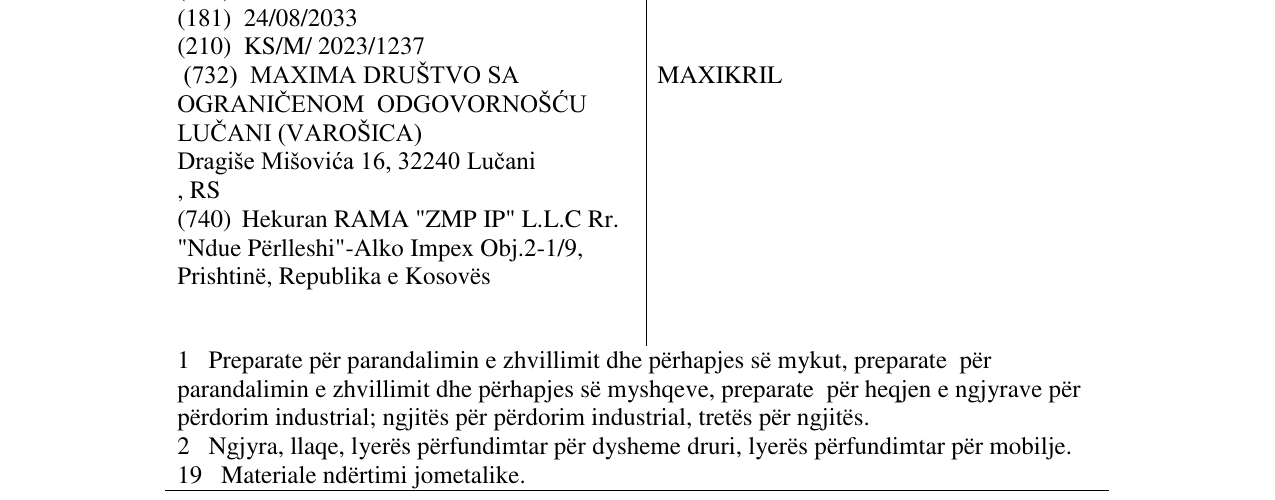 Zëri i markës MAXIKRIL në buletin