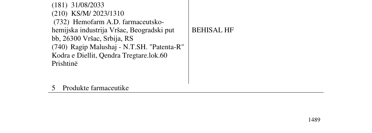 Zëri i markës BEHISAL HF në buletin