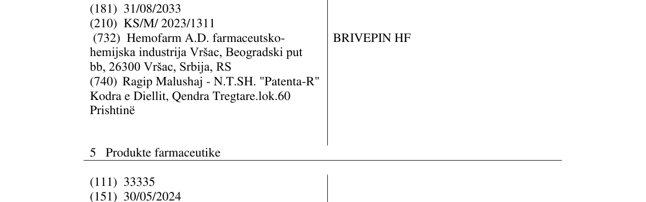 Zëri i markës BRIVEPIN HF në buletin
