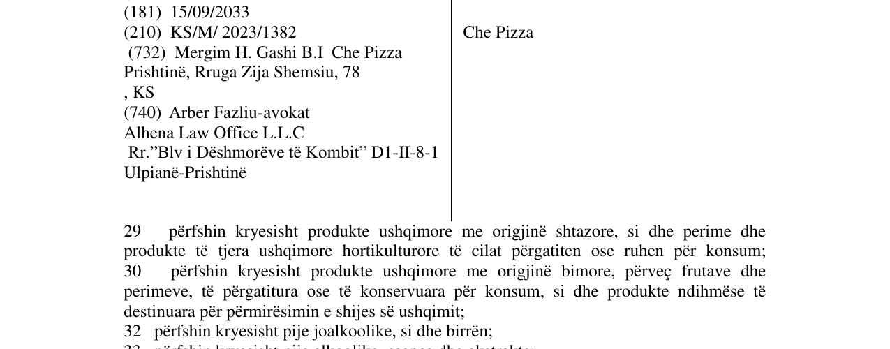Zëri i markës Che Pizza në buletin