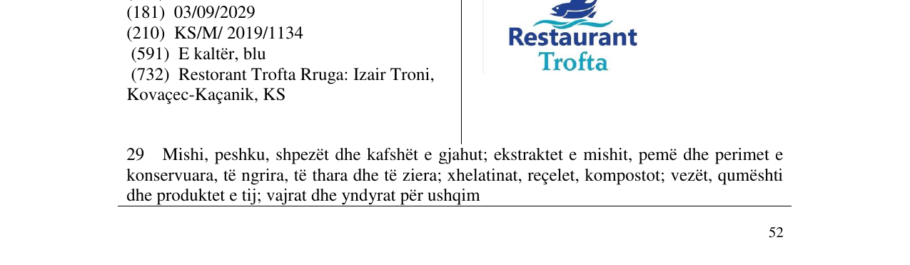 Zëri i markës Restaurant Trofta në buletin