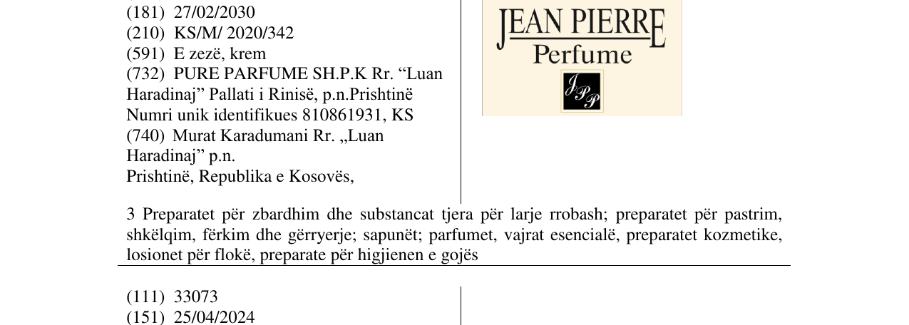 Zëri i markës JEAN PIERRE Perfume në buletin