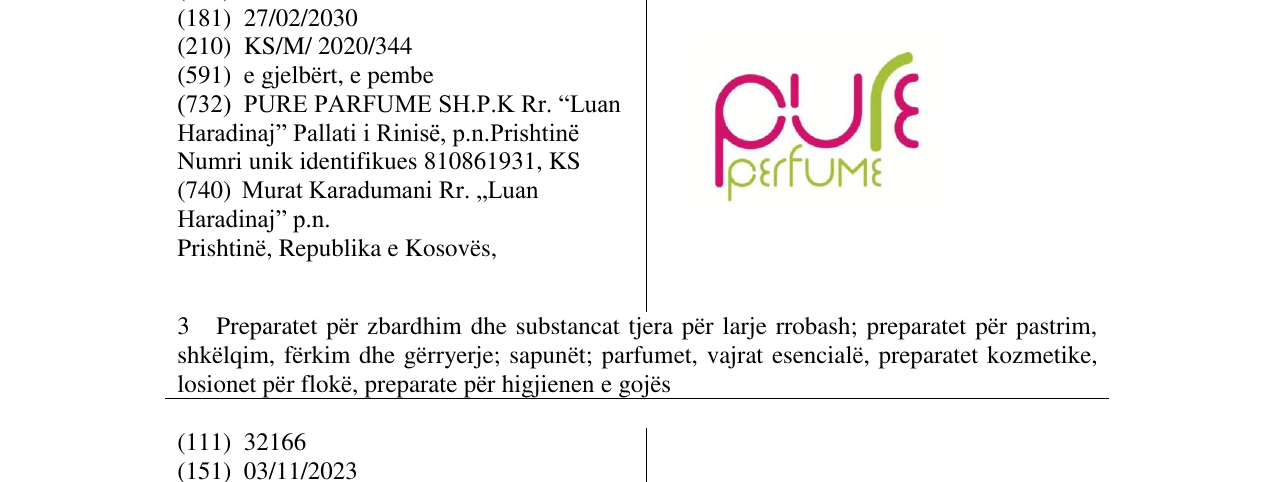 Zëri i markës PURE PERFUME në buletin