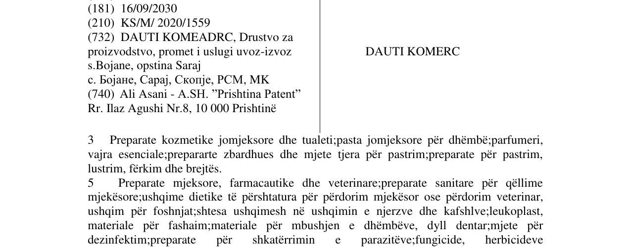 Zëri i markës DAUTI KOMERC në buletin