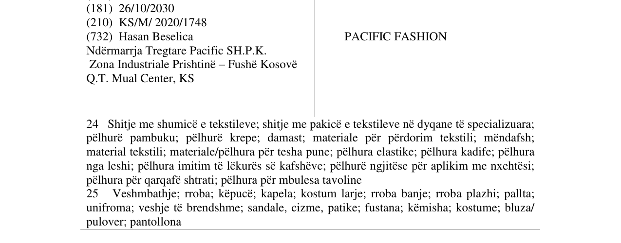 Zëri i markës PACIFIC FASHION në buletin