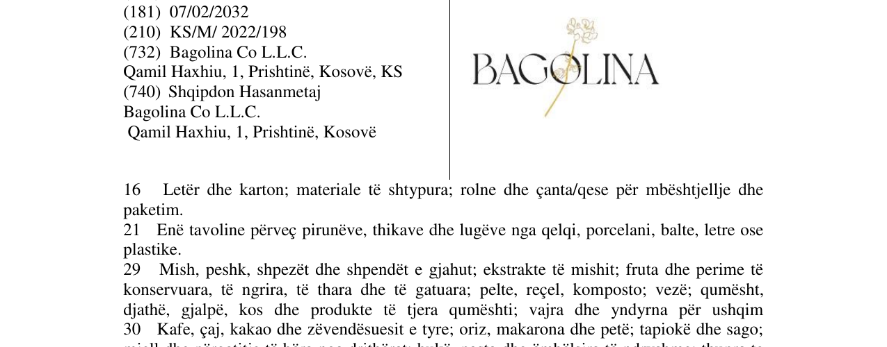 Zëri i markës BAGOLINA në buletin