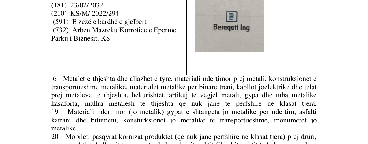 Zëri i markës Bereqeti Ing në buletin