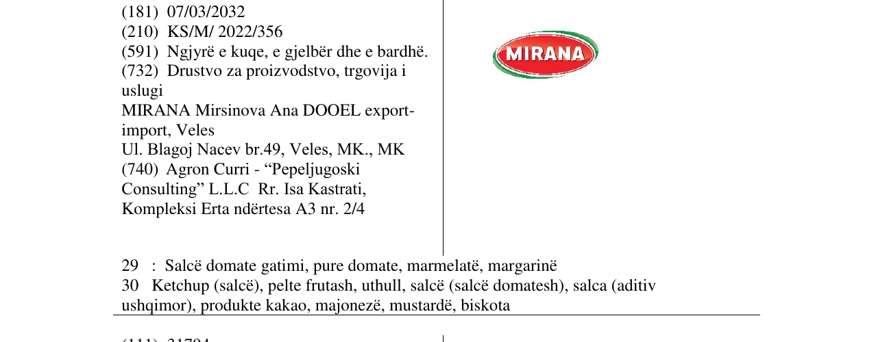 Zëri i markës MIRANA në buletin